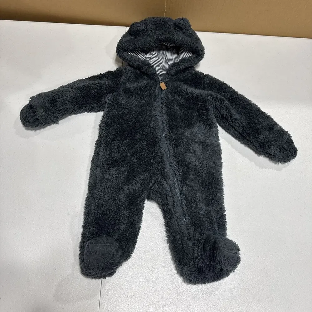 Carters 3M Gray Sherpa Hooded Teddy Coverall Footie Bear Ears Outdoor Casual